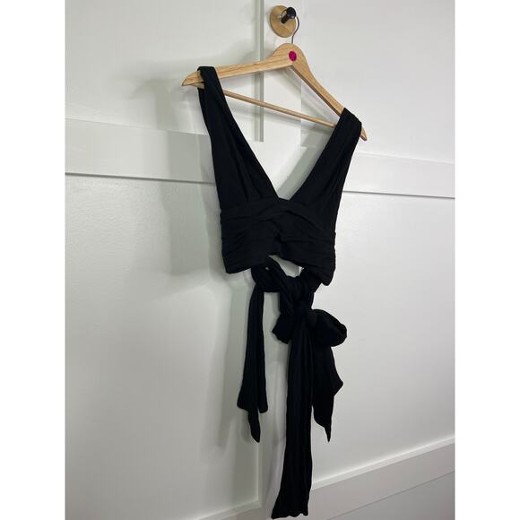 NWT Just Bee Queen Plunge V-Neck Sara Crop Top Cotton Blend in Black - Picture 3 of 7